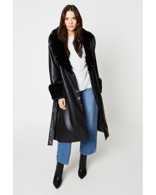 Dorothy Perkins Blue Faux Leather Faux Fur Belted Coat