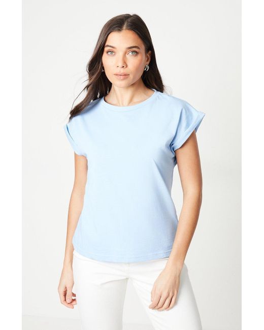 Dorothy Perkins Blue Petite Cotton Roll Sleeve T-shirt