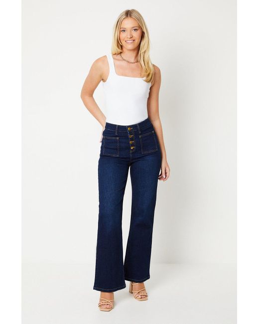 Dorothy Perkins Blue High Rise Button Detail Patch Pocket Flare Jeans