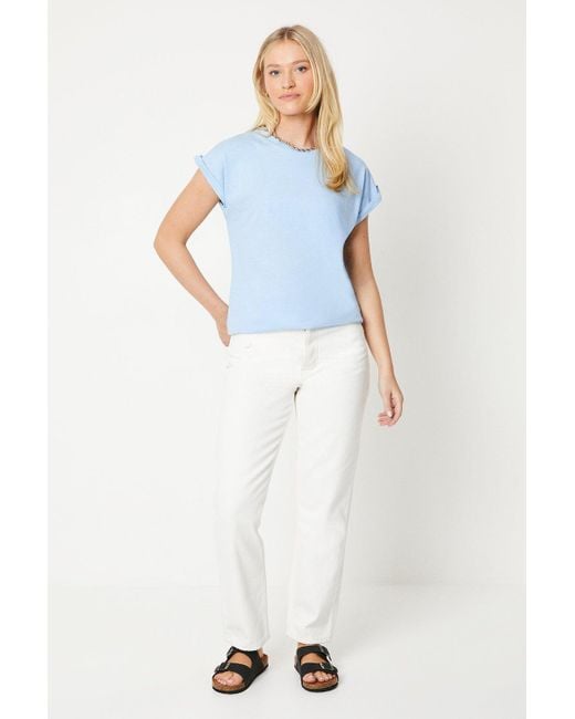 Dorothy Perkins Blue Cotton Roll Sleeve T-shirt