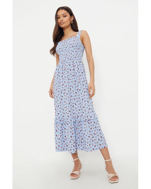 Dorothy Perkins Blue Petite Lilac Ditsy Shirred Strappy Midi Dress