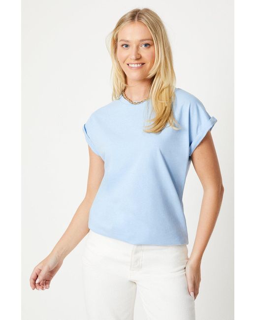 Dorothy Perkins Blue Cotton Roll Sleeve T-shirt