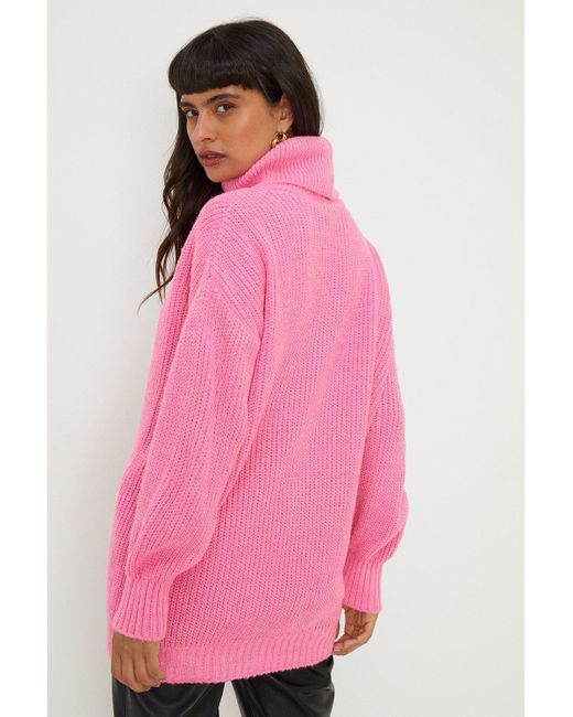 Dorothy Perkins Longline Roll Neck Chunky Jumper in Pink Lyst UK