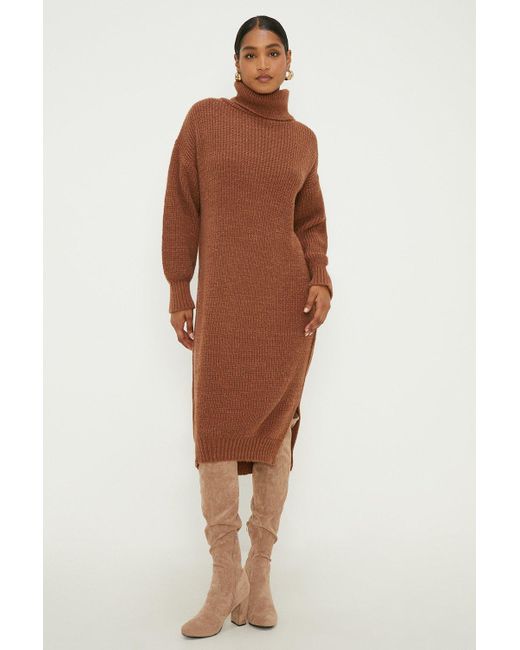 Dorothy Perkins Brown Chunky Roll Neck Knitted Midi Dress