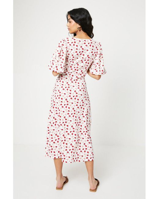 Dorothy Perkins Pink Petite Ditsy Ruched Front Puff Sleeve Midi Dress