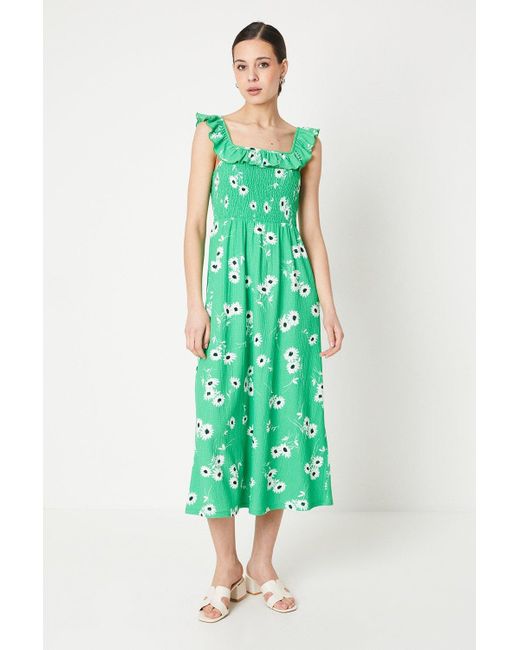 Dorothy Perkins Green Floral Shirred Bodice Ruffle Detail Midi Dress