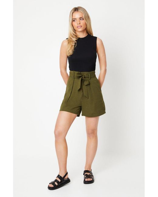 Dorothy Perkins Green Petite Belted Paperbag Waist Shorts