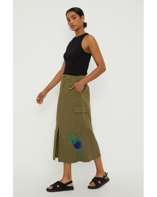Dorothy Perkins Green Embroidered Utility Pocket Midi Skirt
