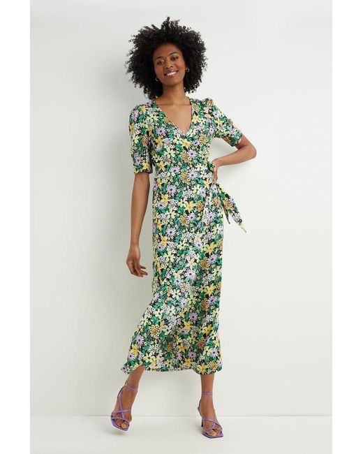 Dorothy Perkins Green Tall Floral Blouson Sleeve Wrap Dress