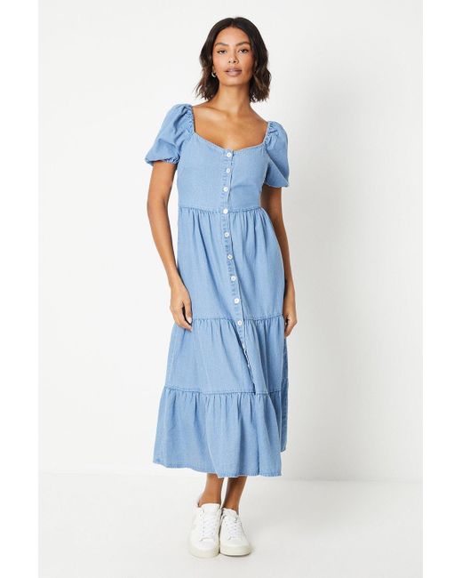 Dorothy Perkins Blue Denim Puff Sleeve Button Through Tiered Dress