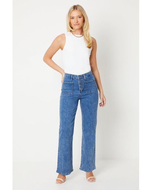 Dorothy Perkins Blue High Rise Button Detail Patch Pocket Flare Jeans
