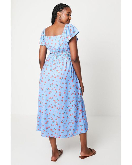 Dorothy Perkins Blue Pink Ditsy Scoop Neck Flutter Sleeve Midi Dress