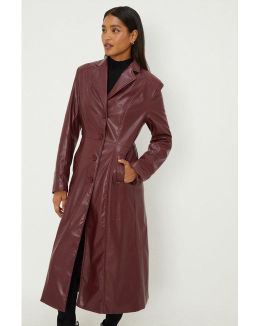 Dorothy Perkins Red Faux Leather Longline Fitted Coat