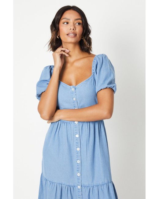 Dorothy Perkins Blue Denim Puff Sleeve Button Through Tiered Dress