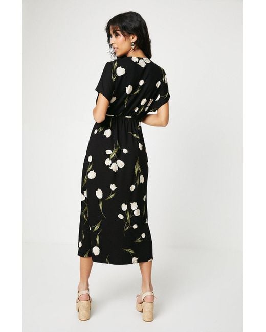 Dorothy Perkins Black Petite Tulip Print Elasticated Waist Wrap Midi Dress