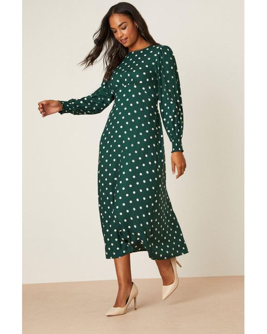 Dorothy Perkins Green Spot Long Sleeve Shirred Cuff Midi Dress