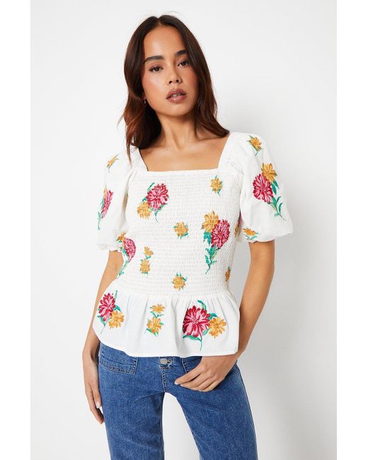 Dorothy Perkins White Petite Embroidered Shirred Bodice Blouse