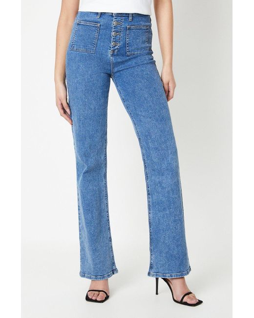 Dorothy Perkins Blue Tall High Rise Button Detail Patch Pocket Flare Jeans