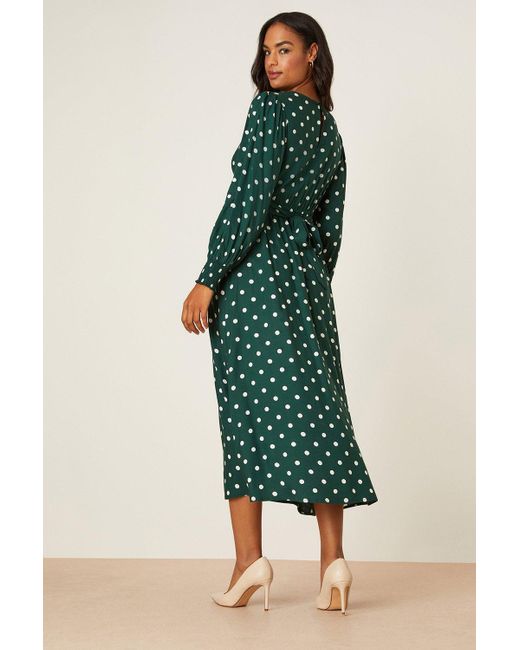 Dorothy Perkins Green Spot Long Sleeve Shirred Cuff Midi Dress