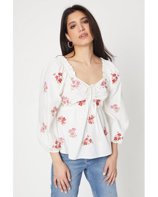 Dorothy Perkins White Embroidered Ruched Front Blouse