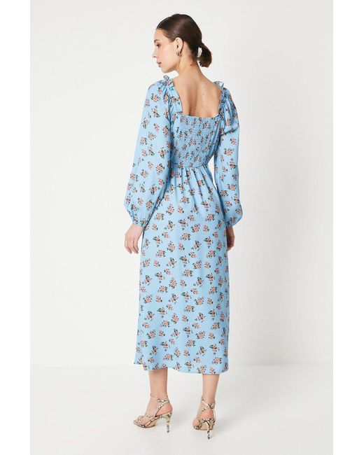 Dorothy Perkins Blue Floral Square Neck Ruffle Midi Dress