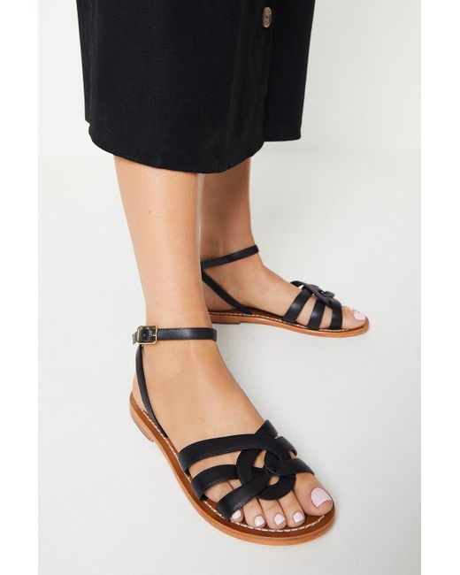 Dorothy Perkins Black Extra Wide Fit Leather Jaleesa Woven Flat Sandals