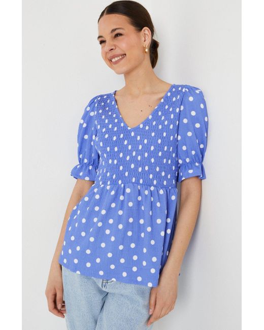 Dorothy Perkins Blue V Neck Puff Sleeve Ruched Body Top