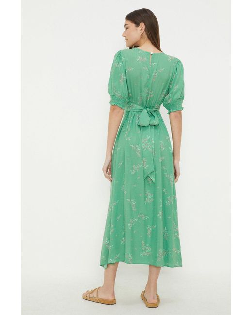 Dorothy Perkins Green Floral Print Shirred Cuff Midi Dress
