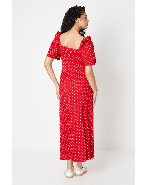 Dorothy Perkins Red Tall Spot Frill Detail Flutter Sleeve Midi Dress