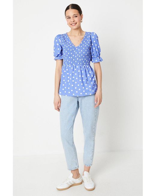 Dorothy Perkins Blue V Neck Puff Sleeve Ruched Body Top