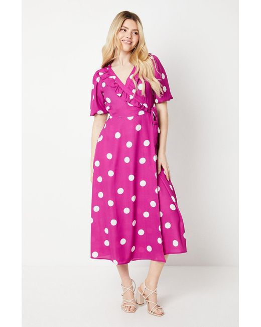 Dorothy Perkins Pink Spot Ruffle Tie Side Wrap Midi Dress