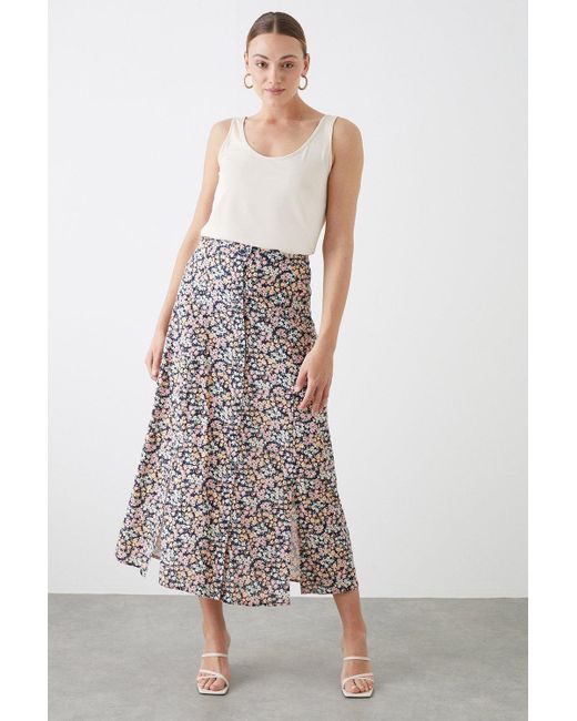 Dorothy Perkins Black Tall Floral Button Through Midi Skirt