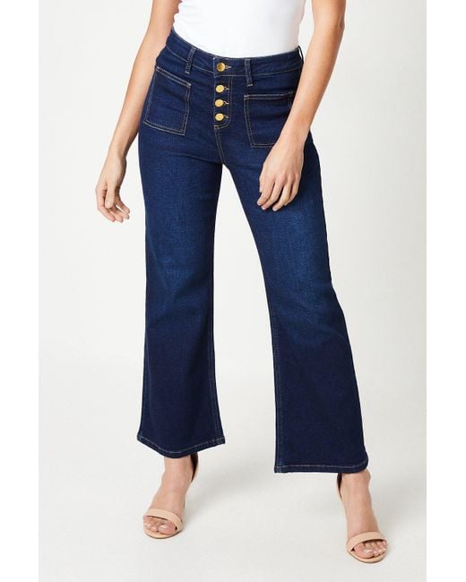 Dorothy Perkins Blue Petite High Rise Button Detail Patch Pocket Flare Jeans