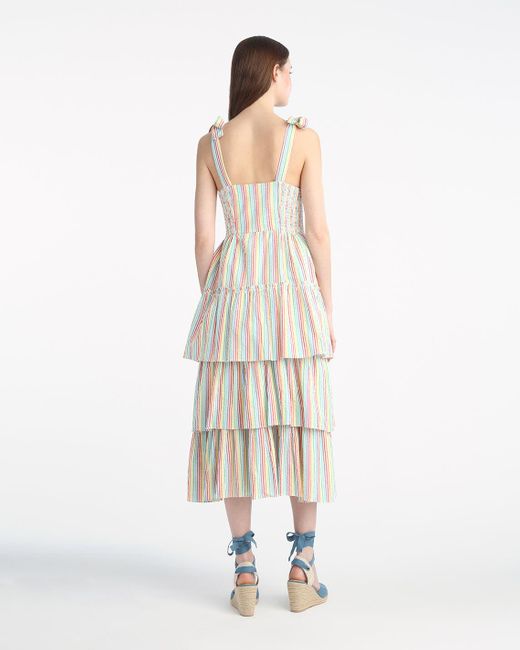 Draper James White Taylor Tiered Midi Dress In Rainbow Stripes