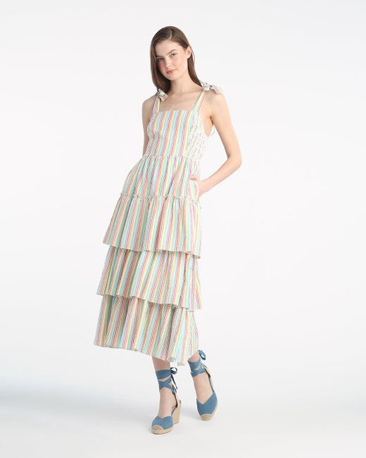 Draper James White Taylor Tiered Midi Dress In Rainbow Stripes