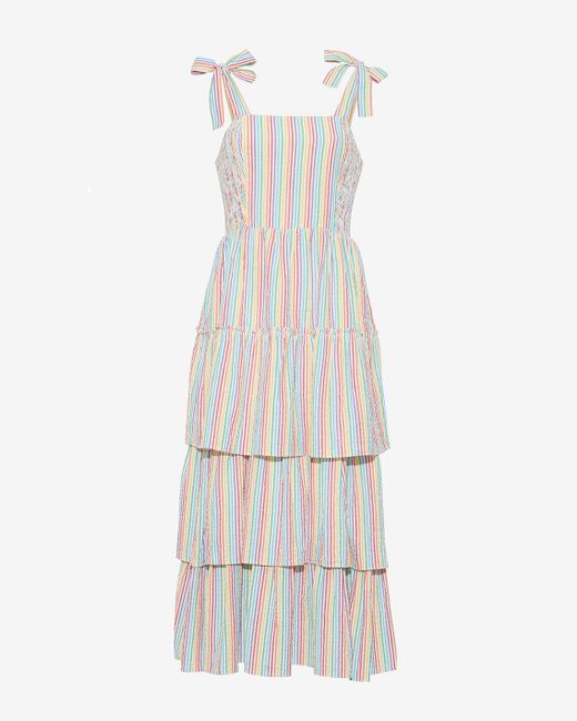 Draper James White Taylor Tiered Midi Dress In Rainbow Stripes