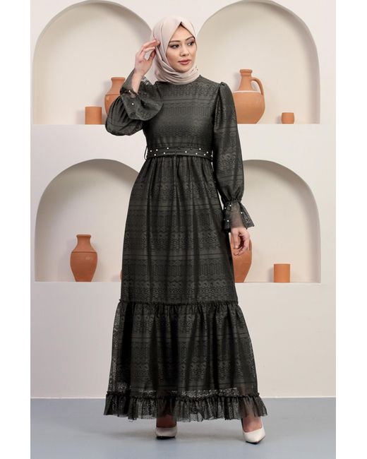 Moda Mihram Black Inci Detailliertes Spitzenabendkleid