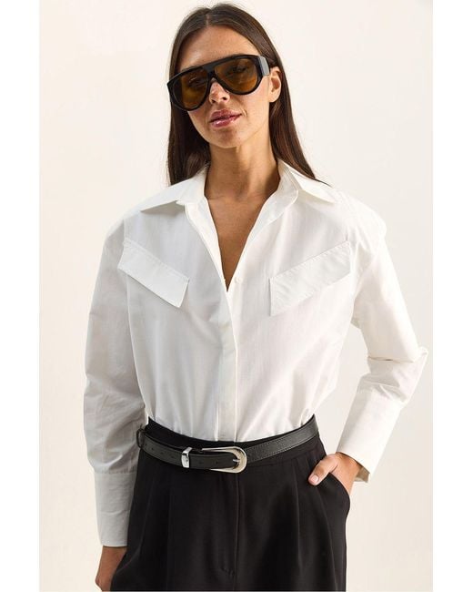 Bianco Lucci White Casual Long Sleeve Button Up Poplin Shirt With Pocket