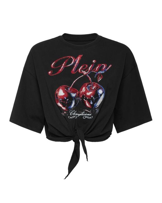 Philipp Plein T-shirt Round Neck Ss Bow Cropped Cherry in het Black