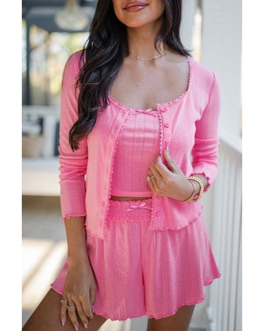 Azura Exchange Geribbelde Gebreide Pyjama Set Met Golfrand in het Pink