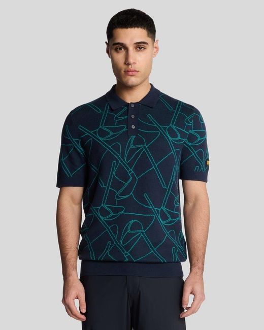Lyle & Scott Blue Golf Outline Knitted Polo Shirt for men