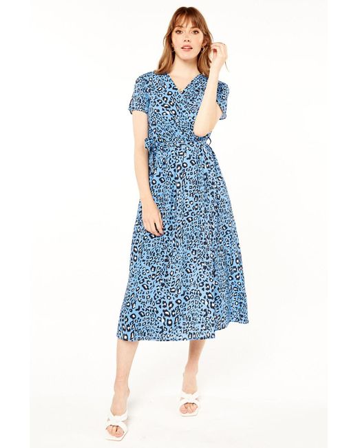 Gini London Blue Animal Print Wrap Front Midi-Teekleid