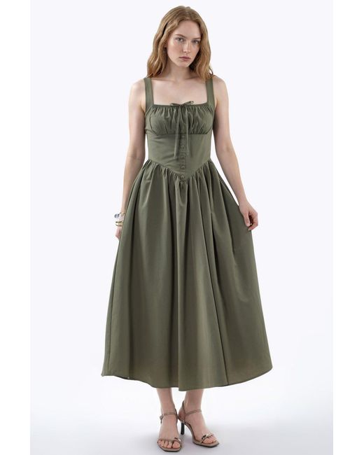 Busem Green Midi Dress With Square Collar And Button Detail