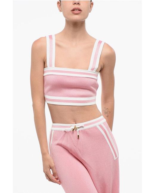 Balmain Pink Gestricktes Crop-Top Mit Reißverschluss