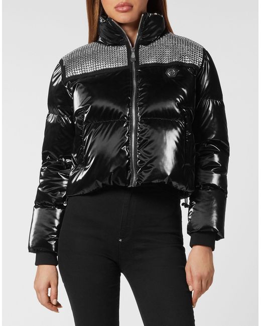 Philipp Plein Jassen ,Zwart ,Nylon Crystal Nylon Puffer Jacket in het Black