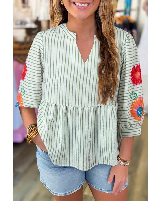 Azura Exchange Gebloemde Geborduurde Gestreepte Top in het White