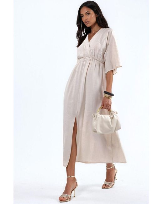 Busem Natural V-Neck Midi Wrap Dress With Three Quarter Sleeves