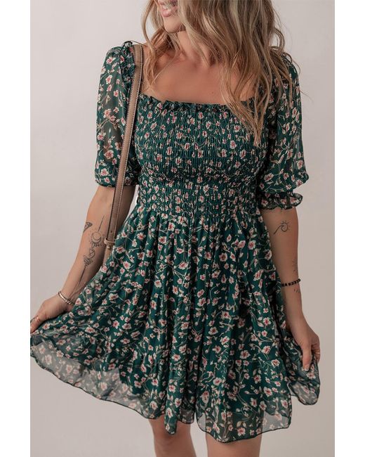 Azura Exchange Green Blumen Mini-Kleid Mit Puffärmeln Und Smock-Taille