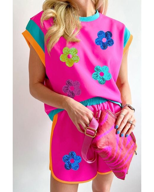 Azura Exchange Pailletten Bloem Applicatie Shorts Set in het Pink