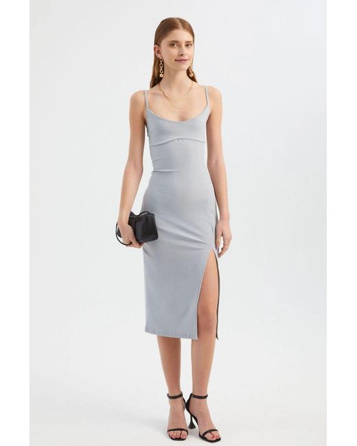 Hiccup White Scoop Neck Spaghetti Strap Midi Bodycon Dress With A Side Slit